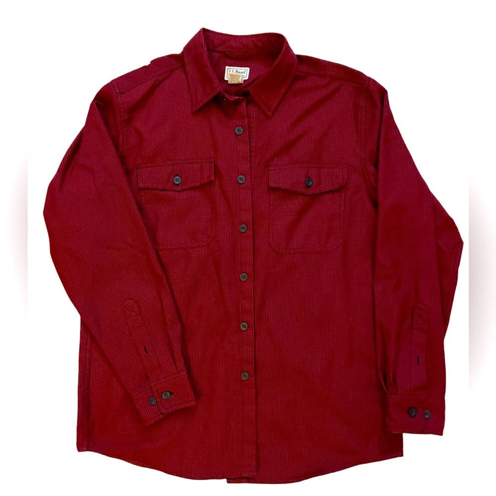 LL Bean Men’s Red Houndstooth Plaid Shirt Size M Regular Fit